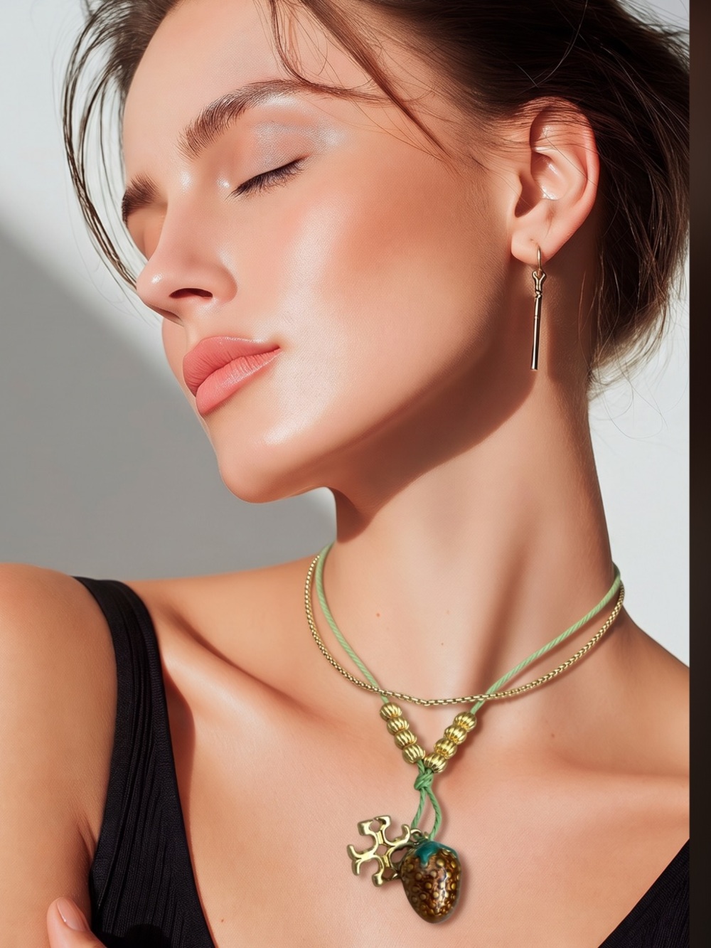 Tory Burch Gold Bead Double Strand Necklace with Green Cord, Strawberry Pendant.